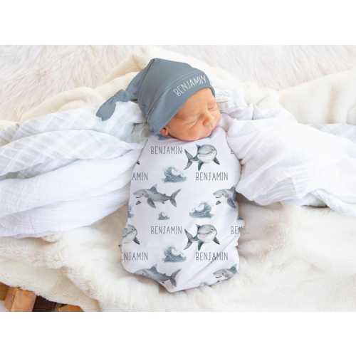 Shark Swaddle Set -Personalized Baby Boy Ocean Waves swaddle Blanket hat set- Ocean Animal Newborn baby Blanket- Coming Home Outfit s373