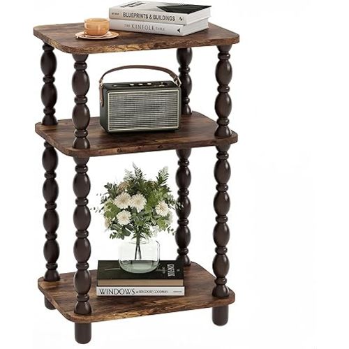 Retro End Table, 3-Tier Small Side Table, Narrow Couch Side Table for Small Spaces, Farmhouse End Table, Modern Accent Table, Skinny Bedside Table Nightstand for Bedroom, Living Room (Rustic Brown)