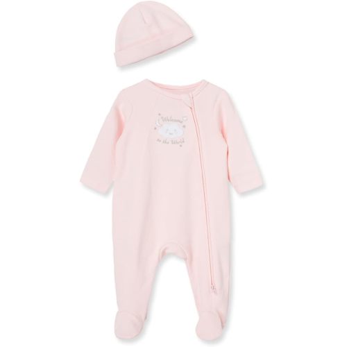 Little Me Clothes for Baby Girls 100% Cotton Scratch-Free Tag Footed One-Piece Romper and Hat Sleeper Set Preemie to 9 Months