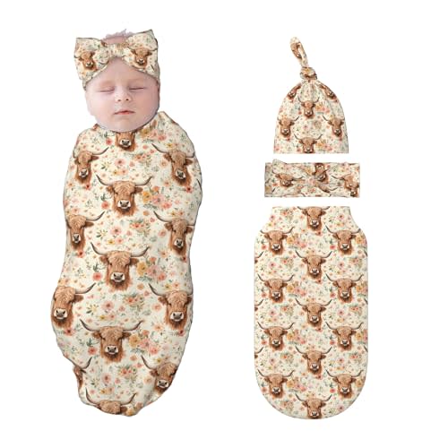 Cow Swaddle Blankets Newborn Receiving Blanket Baby Swaddle Wrap with Headband Hat Set for Baby Girls Boys