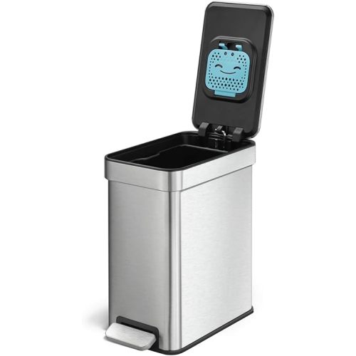 Home Zone Living 3 Gallon Small Trash Can with a Lid and Step Pedal, CleanAura, Odor Control, Stainless Steel with Slim Design for Home and Office, Silver, 10 Liters