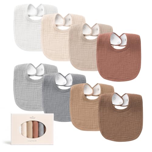 Konssy 8-Pack Muslin Baby Bibs, Adjustable Fit for Drooling and Teething | Soft Absorbent, Drool Bibs for Baby Boys Girls, Cotton Front with Fleece Backing, Newborn to Toddler 0-36M