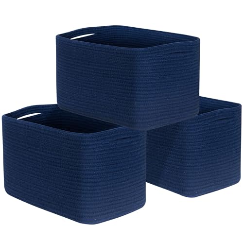 MINTWOOD Design 3-Pack Decorative Woven Storage Baskets for Shelves, Cube Bin Box for Organizing Books, Shoes, Dog Toys, Pantry Closet and Living Room Organizer, Navy Blue