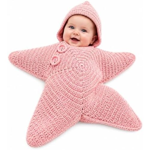Hand-Crocheted Starfish Onesie, Baby Swaddle Sleep Sack, Cozy Hooded Star Dress for 0-3 Month Photos