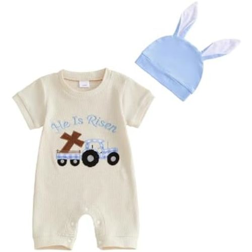 Baby Boy Easter Outfit Tractor Cross Embroidery Short Sleeve Waffle Knit Romper with Bunny Ear Hat Spring Jumpsuit