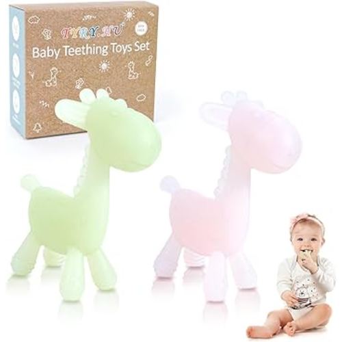 TYRY.HU Baby Teething Toys for Babies 0-6 6-12 Months,BPA Free Silicone Giraffe Teethers for Babies 3-6 Months, Soft-Textured Chew Toys Sensory Toys Massaging Teething Relief for Boys Girls,2 Pack