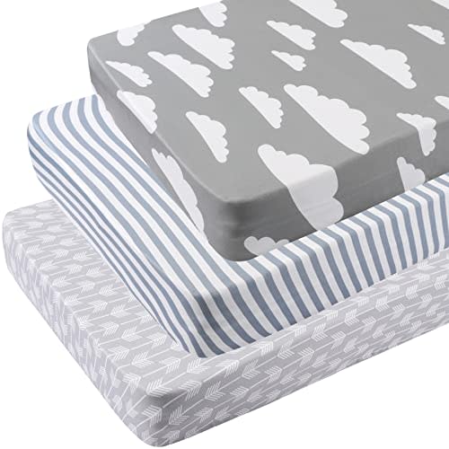 Onacosht Pack n Play Sheets 3 Pack for Baby, Clouds Stripes and Arrow | Mini Crib Sheets Fitted, Playard Fitted Sheet, Compatible with Graco Pack n Play Mattress, Soft, Breathable, Stretchy