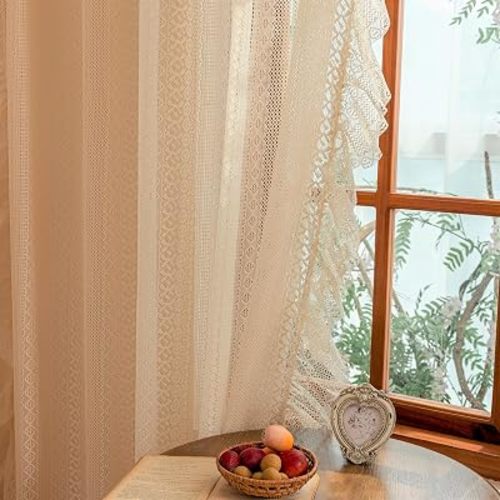 Sutuo Home Beige Boho Lace Curtains 72 inches Long for Bedroom Office, Bohemian Sheer Ruffle Curtains Privacy Crochet Light Filtering Vintage Chic Decor Window Treatments Rod Pocket, 2 Panels 50" W