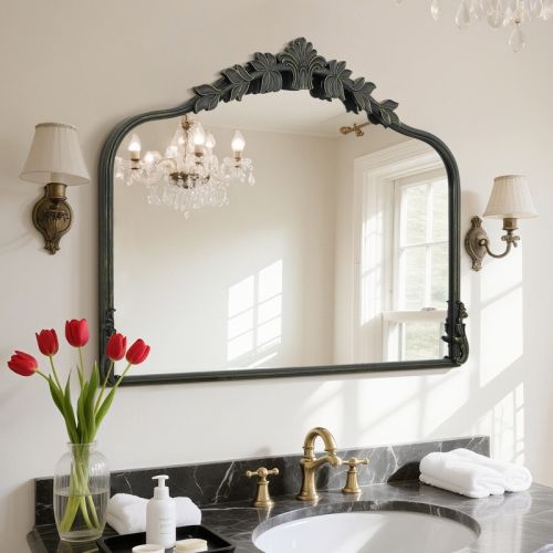 Antique Metal Framed Arched Decorative Mirror with Vintage Floral Carvings