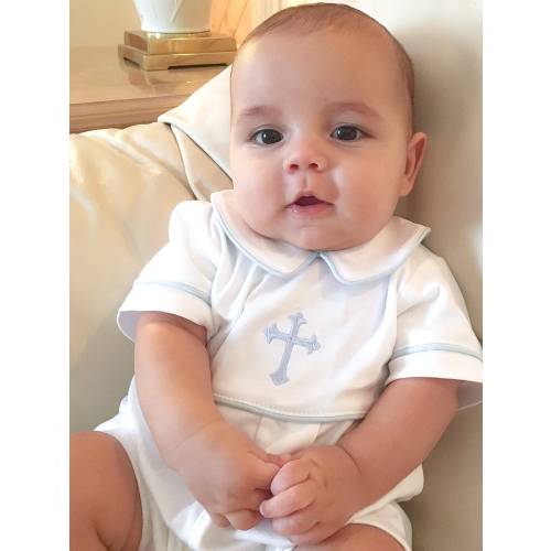 Aaron Baptism White w Blue trim Outfit-Baby Boy Christening Outfit-Dedication Outfit-Short Baptism Outfit-Baptism-Baby-Blessing Outfit