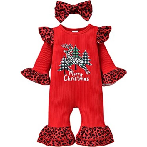 Fernvia Newborn Baby Girl Christmas Outfits Infant Christmas Romper Cute Ruffle Jumpsuit Bodysuit Kids One-Piece Clothes Fall