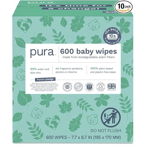 Pura Natural Sensitive Baby Wipes, 99% Water, Unscented & Hypoallergenic, Suitable for Sensitive & Eczema-prone Skin, Hypoallergenic, EWG Verified, 10 Pack of 60 Wet Wipes (600 Diaper Wipes) Bulk Buy