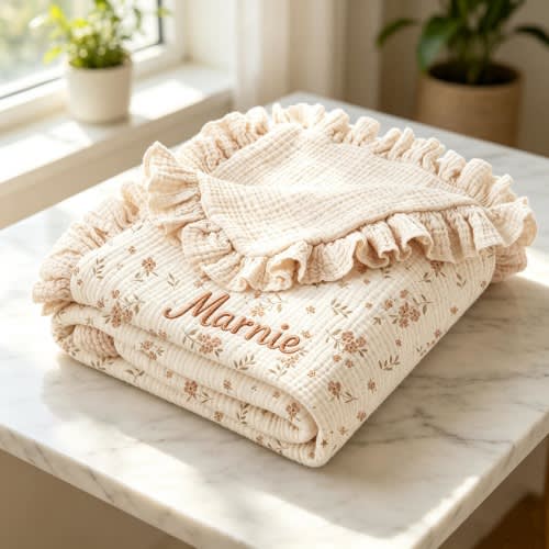 Newborn Gift, Personalized Floral Ruffle Baby Blanket, Custom Embroidered Name Soft Quilt