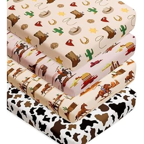 4 Pack Western Cowboy Crib Sheets Neutral Breathable Fitted Baby Sheets Nursery Sheets for Baby Boys or Girls (Crib Sheet)