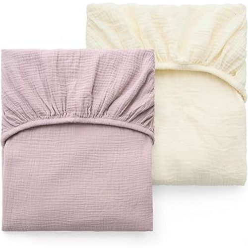 Momcozy Muslin Standard Fitted Crib Sheets, 52"x28", 2 Pack Soft Breathable Natural Cotton Baby Mattress Sheet, 360° Mattress Wrapping No Slip Boys Girls Neutral Toddler Bed Sheet, Beige Coffee Red