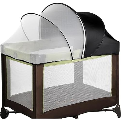 Pack N Play Tent Cover - Half-Blackout Mosquito Net for Crib & Playpen, Baby Bassinet Cover for Cats with 2-Way Zipper, Sun-Blocking Bug Net for Travel Crib (Black-Large)