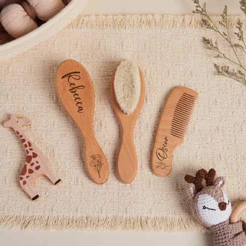 Personalized Wooden Baby Hair Brush Set, Wooden Hair Brush and Comb for Kids, Custom First Birthday Gift, Engraved Name Brush, Gift for Her