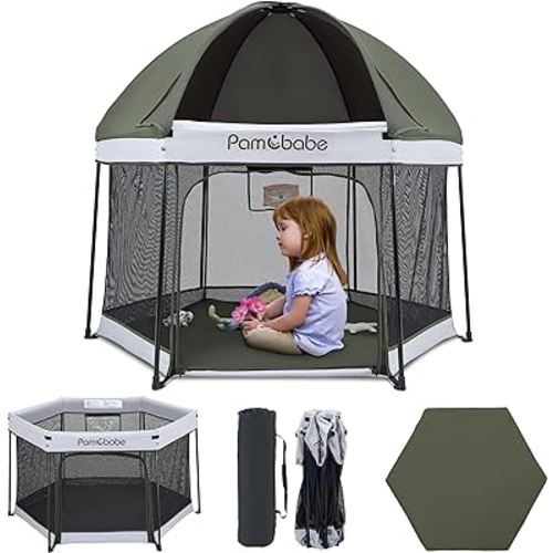 Pamo Babe Portable Playpen with Canopy and Mattress Outdoor and Indoor 54" Baby Playard for Babies and Toddlers Foldable Play Yard with Zipper Gate