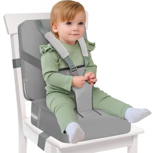 Toddler Booster Seat for Kitchen Chair & Dining Table – Waterproof PU Foam Cushion with Backrest & Safety Straps – Foldable, Lightweight Design for Kids Ages – Easy to Clean