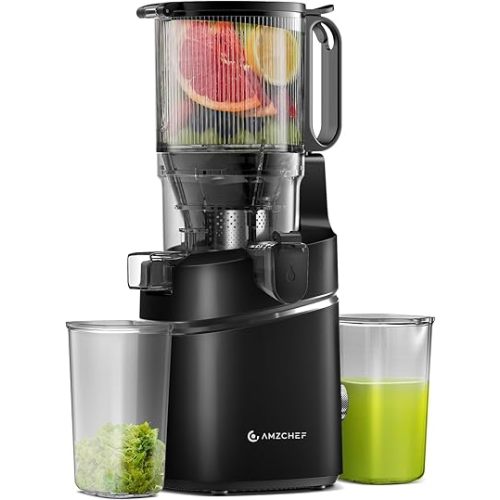 AMZCHEF Juicer Machines, 5.8" Extra Self-Feeding Cold Press Juicer for Whole Vegetable & Fruit, Juice Extractor Machine with Large Auger & Triple Strainers, Easy to Clean, High Juice Yield, Black