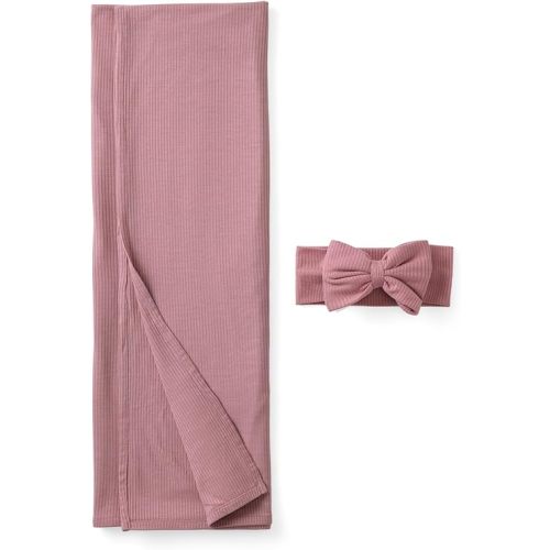 Little Sleepies Swaddle & Bow Set, Viscose from Bamboo Baby Swaddle Blanket, Newborn Baby Girl Clothes, Newborn Essentials (Rosewood Ribbed)