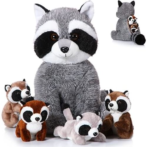 5 Pcs Raccoon Stuffed Animal Set Adorable Mommy Raccoon Plush with 4 Cute Babies in Tummy Soft Cuddly Plushie for Birthday Woodland Party Decor(Cute Style)