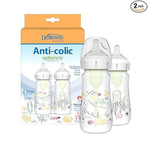 Dr. Brown's Anti-Colic Options+ Wide-Neck Baby Bottle Designer Edition Bottles, Ocean Decos, 9 oz/270 mL, Level 1 Nipple, 0m+, 2-Pack