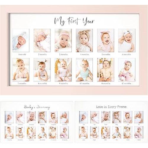 My First Year Photo Frame,12 Months Baby Picture Frame for Newborn Girl, Boy-Baby Shower Gifts Keepsakes,Monthly Baby's One Year Birthday Milestone,1st Nursery Photo Collage Display Board (Petal Pink)