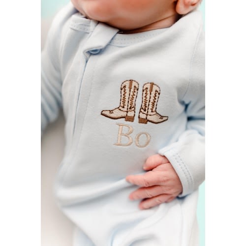 Baby Boy cowboy boots outfit with name, western coming home outfit, newborn outfit, cowboy baby shower gift, zip footie, embroidered