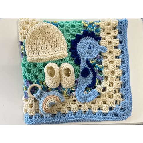 Handmade Crochet Baby Blanket Set: Blue Green, ivory colored baby blanket with Seahorse applique with matching Hat, Booties and baby rattle