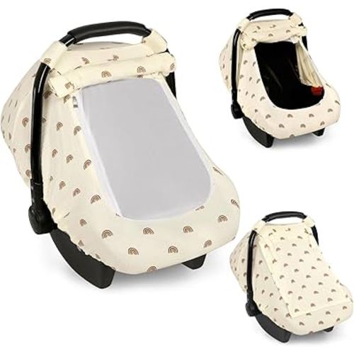 Hooyax Muslin Car Seat Cover Baby - Breathable and Privacy Car Seat Canopy with 3 Modes - Easy Install & Gift Box Packaging, Universal Fit for Infant Car Seats, Rainbow