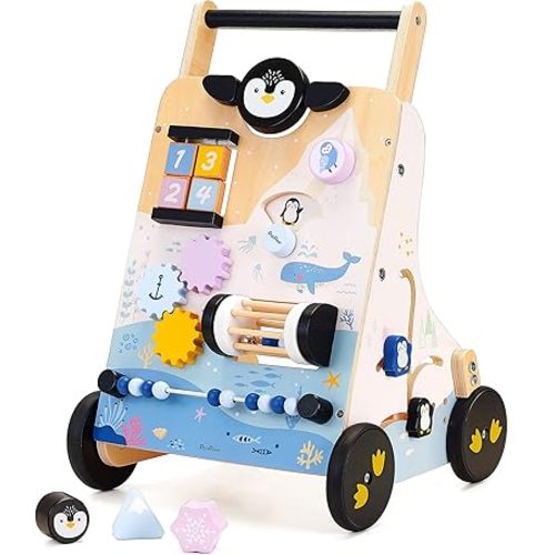 PairPear Polar Explorer Wooden Baby Walker, Montessori 9-in-1 Activity Push Walker Activity Center Toys with Adjustable Speed & Height, Penguin Mirror, Shape Sorter Learning Toys Gift for Toddler 1-3