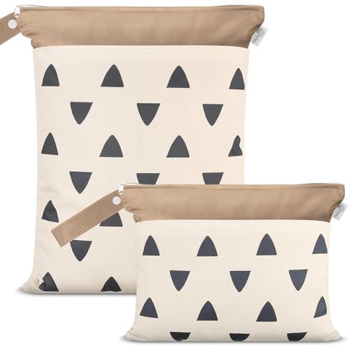Wet Bags – Waterproof & Reusable Bag with 2 Zippered Pockets with Handle, Perfect for Stroller, Travel, Baby Essentials & Breast Pump Storage (Sand Triangular-2pk)