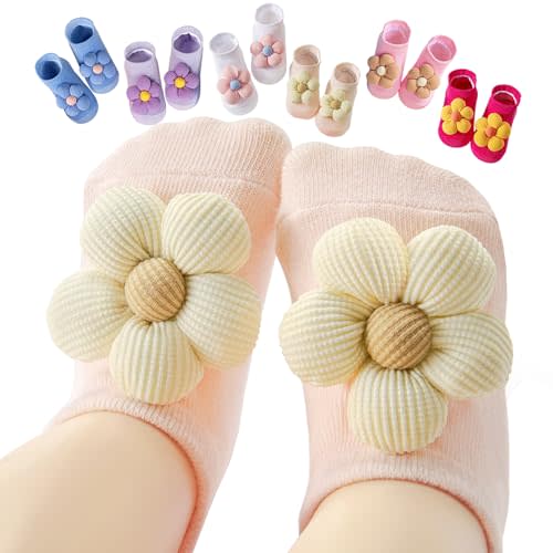 Aroveea Baby Toddler Girl Socks Newborn Grip Non Slip Flower Cotton 6 Pairs for Babies Girl Ankle Cute Socks 0M-3Years
