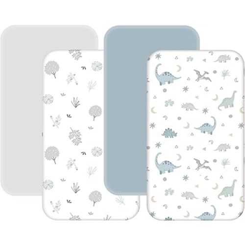 4 Pack Mini Crib Sheets Fitted - 38"x26" Pack and Play Sheets for Playard Mattress, Portable Mini Crib | Soft & Skin Friendly Pack N Play Sheets for Boys Girls (Dinosaur & Leaf)