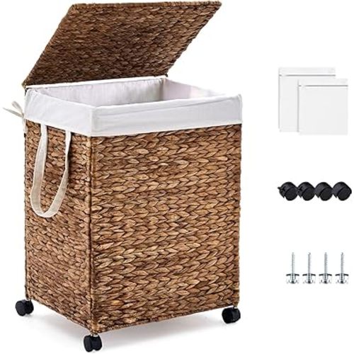 Rolling Laundry Hamper with Lid, Natural Water Hyacinth Basket with Removable Liner, Wheel or Non-Slip Installation Laundry Basket for Home Use (Espresso, 100L)