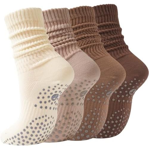 Pilates Slouch Crew Socks for Women, Grip Yoga Socks with Non Slip Grippers for Barre Ballet Dance Hospital Workout