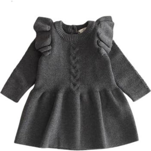 Eva Ruffle Shoulder Long Sleeve Knit Cotton Dress, 6-9M