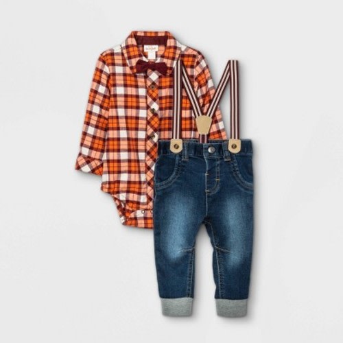 Baby Boys' Plaid Denim Suspender Top & Bottom Set with Bowtie - Cat & Jack™ Maroon