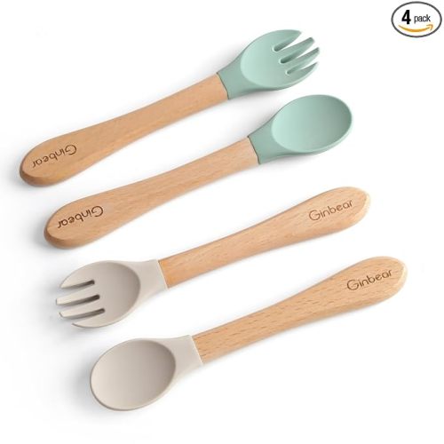 Ginbear Silicone Baby Spoons and Forks Self-feeding 12-18 Months, Soft-Tip Baby Flatware Sets, Toddler Feeding Utensils for Child, 4 Piece Set (Hazy Green/Almond)