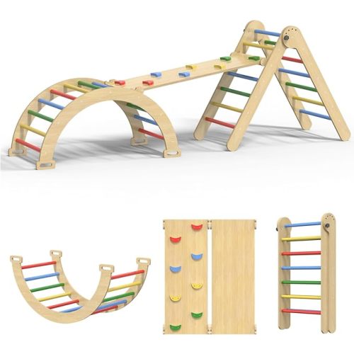 Pikler Triangle Set, 7 in 1 Foldable Climbing Toys Set for Kids, Baby Jungle Gym with Ramp & Arch,Wooden Montessori Climbing Set Indoor for Toddler (Natural)