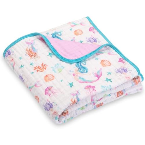 LollyBanks Muslin Baby Quilt, 6-Layer 100% Organic Cotton Baby Blanket for Girls, Soft and Breathable Toddler Quilt, Lightweight Infant Blanket for Crib or Stroller, Newborn Essentials (Mermaid Print)
