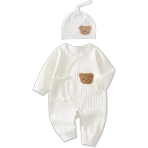 Premium Bear Romper & Hat Set | 100% Cotton Newborn Outfit (NB-9M) | Easy Side-Tie Design + Machine Washable