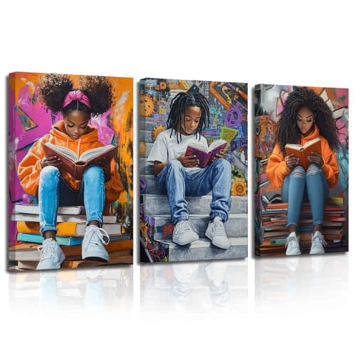 ZSHARTSWD 3 Pieces African American Wall Art Black Girl with Boy Reading Picture Black Children Canvas Print Inspiring Painting for Teen Bedroom Decor Framed (Orange, 11.00" x 14.00" x 3PCS)