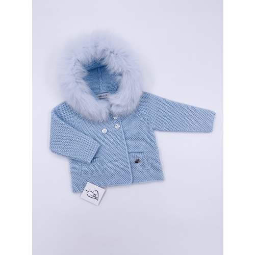MI LOVES SIGNATURE Luxurious knitted cardigan with fox fur trim in Baby Blue