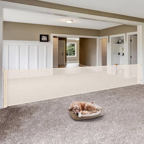 145 Inch Retractable Baby Gates Extra Wide Retractable Dog Gate for Large Openings – Indoor Extra Long Baby Gate Retractable Fence Outdoor Mesh Dog Gate Retractable Pet Gate, Beige