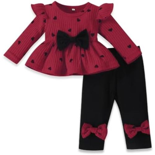Baby Girls Clothes Set Long Sleeve Ribbed Ruffle Dress and Bow Leggings