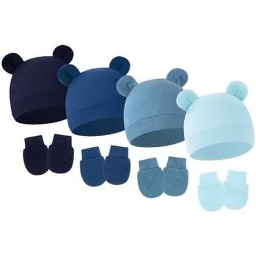 4 Pack Newborn Hats Mittens Set Bear Ears Preemie Hat Infant Hospital Mitten for Baby Boy Girl 0-6 Months