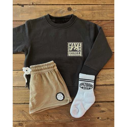 Black Wave Chaser Little Surfer Dude Crewneck