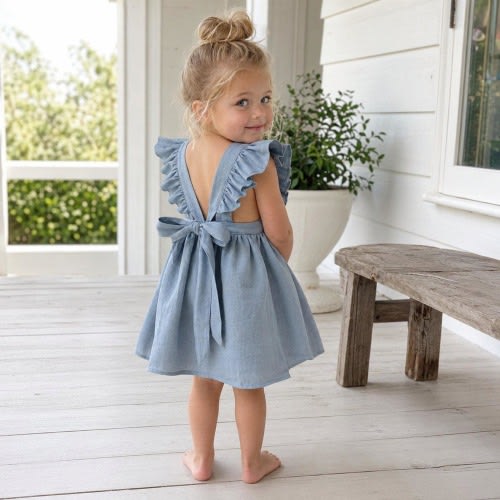 Girls Linen Apron Dress, Ruffle Strap Cottagecore Outfit with Adjustable Waist Ties